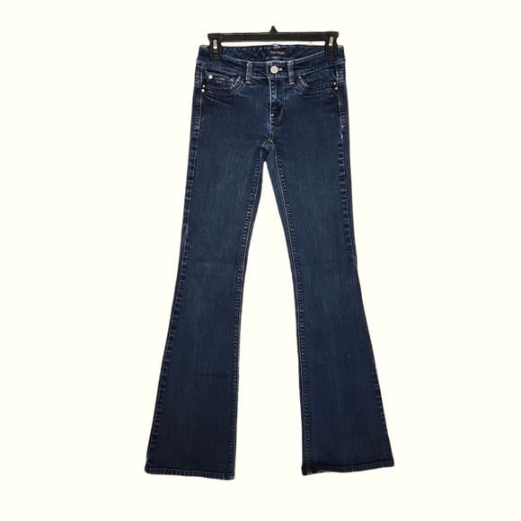 White House Black Market Blanc Flare Leg Jeans Low Rise Dark Blue Denim Size 00 - Picture 1 of 12